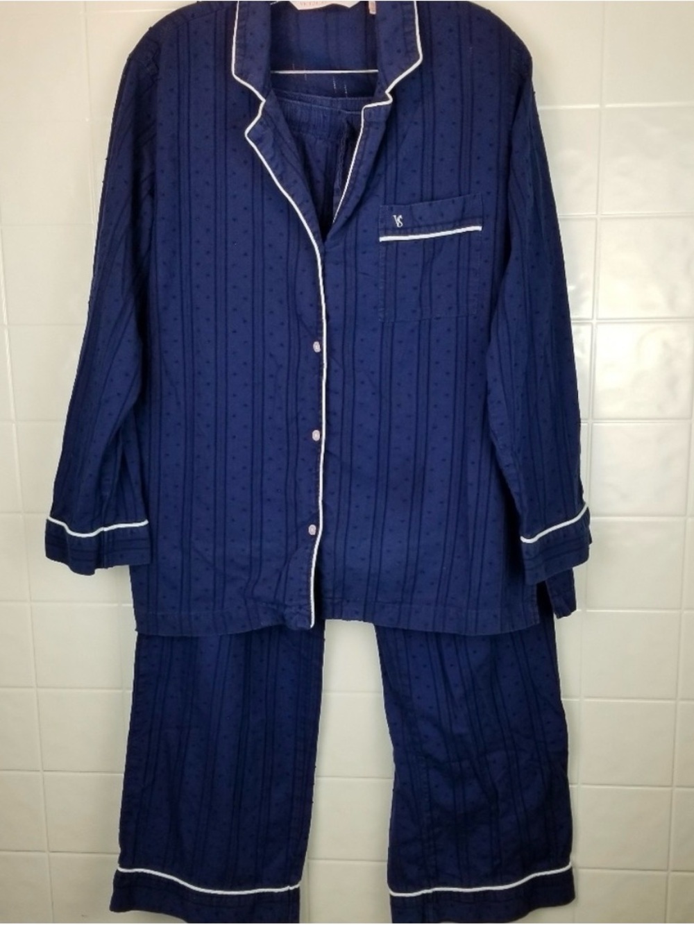 Victoria's Secret Navy Blue Pajama Set with White Piping